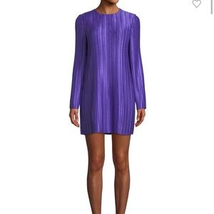 Long-Sleeve Jewel-Neck Plisse Mini Cocktail Dress